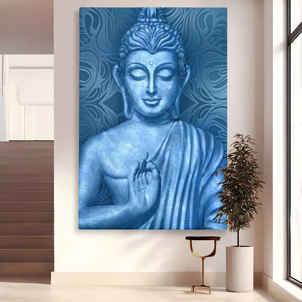 Tablou Canvas Premium LuxCanva® I112, Buddha de Safir, Meditatie, Iluminare, Zen, Pace Interioara, Spiritualitate, Armonie, Relaxare, Albastru, Urna