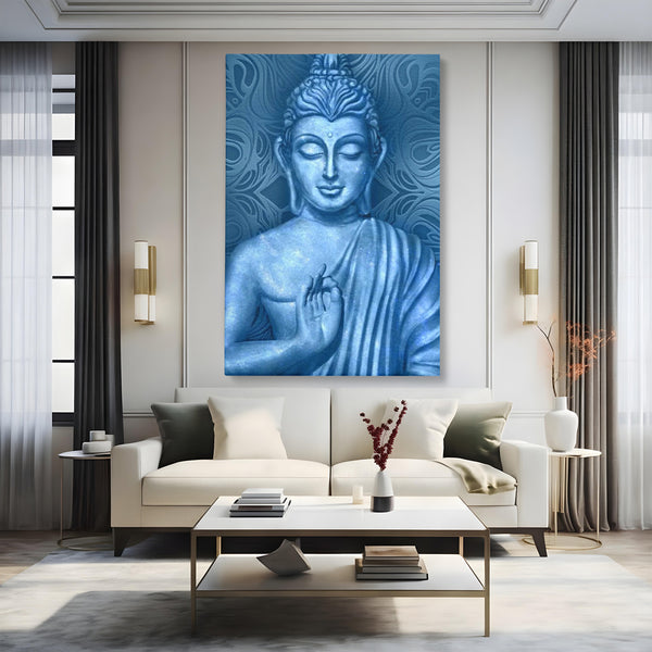 Tablou Canvas Premium LuxCanva® I112, Buddha de Safir, Meditatie, Iluminare, Zen, Pace Interioara, Spiritualitate, Armonie, Relaxare, Albastru, Urna