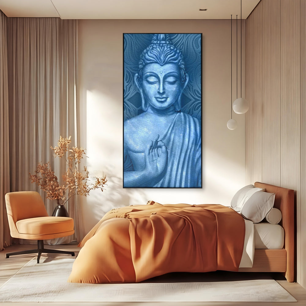 Tablou Canvas Premium LuxCanva® I112, Buddha de Safir, Meditatie, Iluminare, Zen, Pace Interioara, Spiritualitate, Armonie, Relaxare, Albastru, Urna