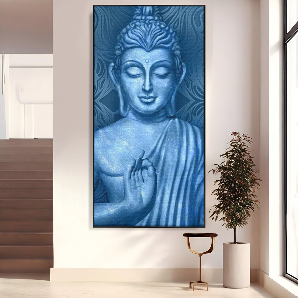 Tablou Canvas Premium LuxCanva® I112, Buddha de Safir, Meditatie, Iluminare, Zen, Pace Interioara, Spiritualitate, Armonie, Relaxare, Albastru, Urna