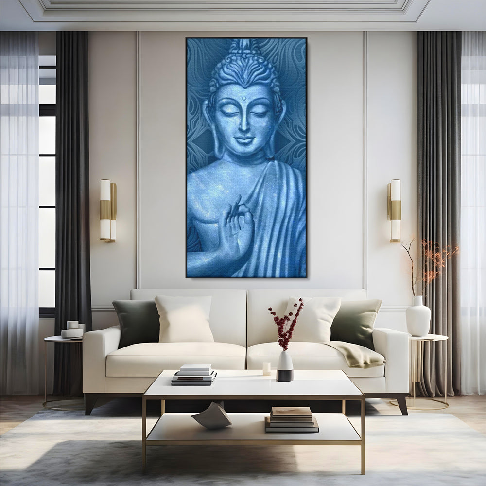 Tablou Canvas Premium LuxCanva® I112, Buddha de Safir, Meditatie, Iluminare, Zen, Pace Interioara, Spiritualitate, Armonie, Relaxare, Albastru, Urna