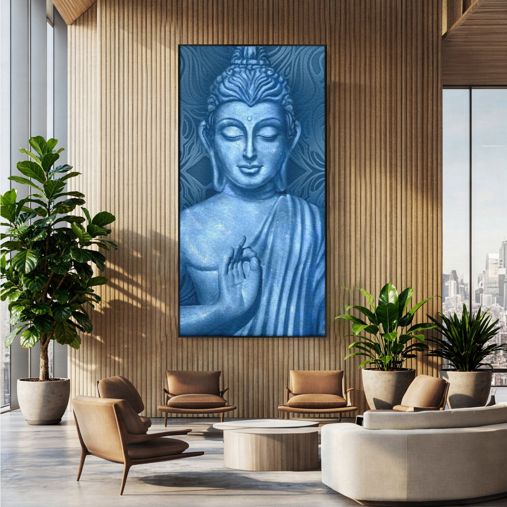 Tablou Canvas Premium LuxCanva® I112, Buddha de Safir, Meditatie, Iluminare, Zen, Pace Interioara, Spiritualitate, Armonie, Relaxare, Albastru, Urna