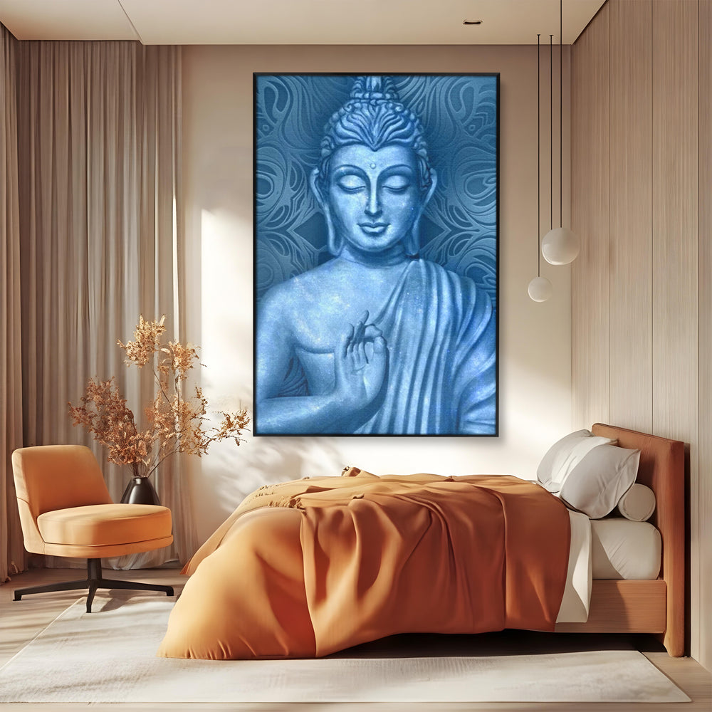 Tablou Canvas Premium LuxCanva® I112, Buddha de Safir, Meditatie, Iluminare, Zen, Pace Interioara, Spiritualitate, Armonie, Relaxare, Albastru, Urna