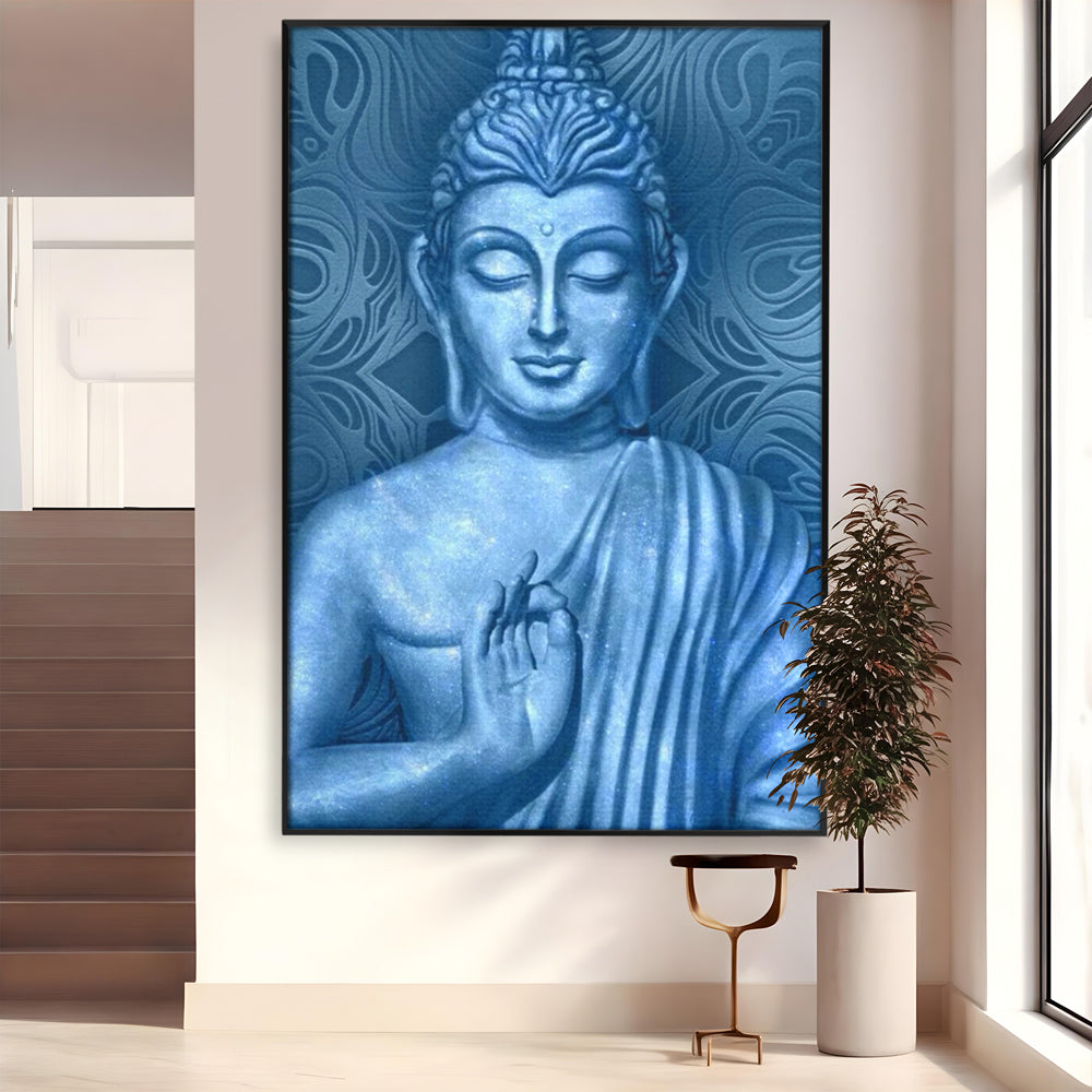 Tablou Canvas Premium LuxCanva® I112, Buddha de Safir, Meditatie, Iluminare, Zen, Pace Interioara, Spiritualitate, Armonie, Relaxare, Albastru, Urna