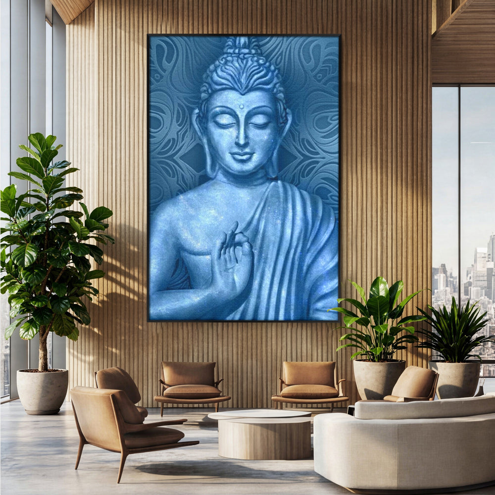 Tablou Canvas Premium LuxCanva® I112, Buddha de Safir, Meditatie, Iluminare, Zen, Pace Interioara, Spiritualitate, Armonie, Relaxare, Albastru, Urna