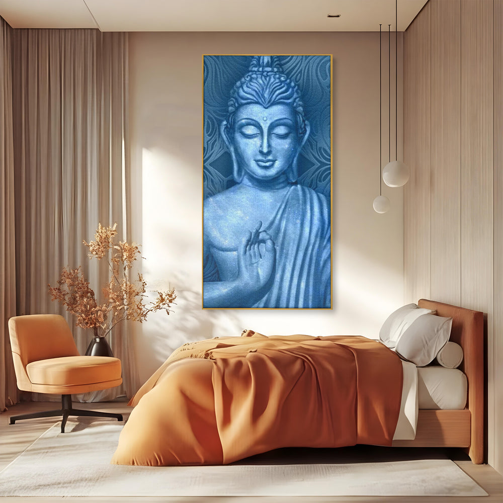 Tablou Canvas Premium LuxCanva® I112, Buddha de Safir, Meditatie, Iluminare, Zen, Pace Interioara, Spiritualitate, Armonie, Relaxare, Albastru, Urna
