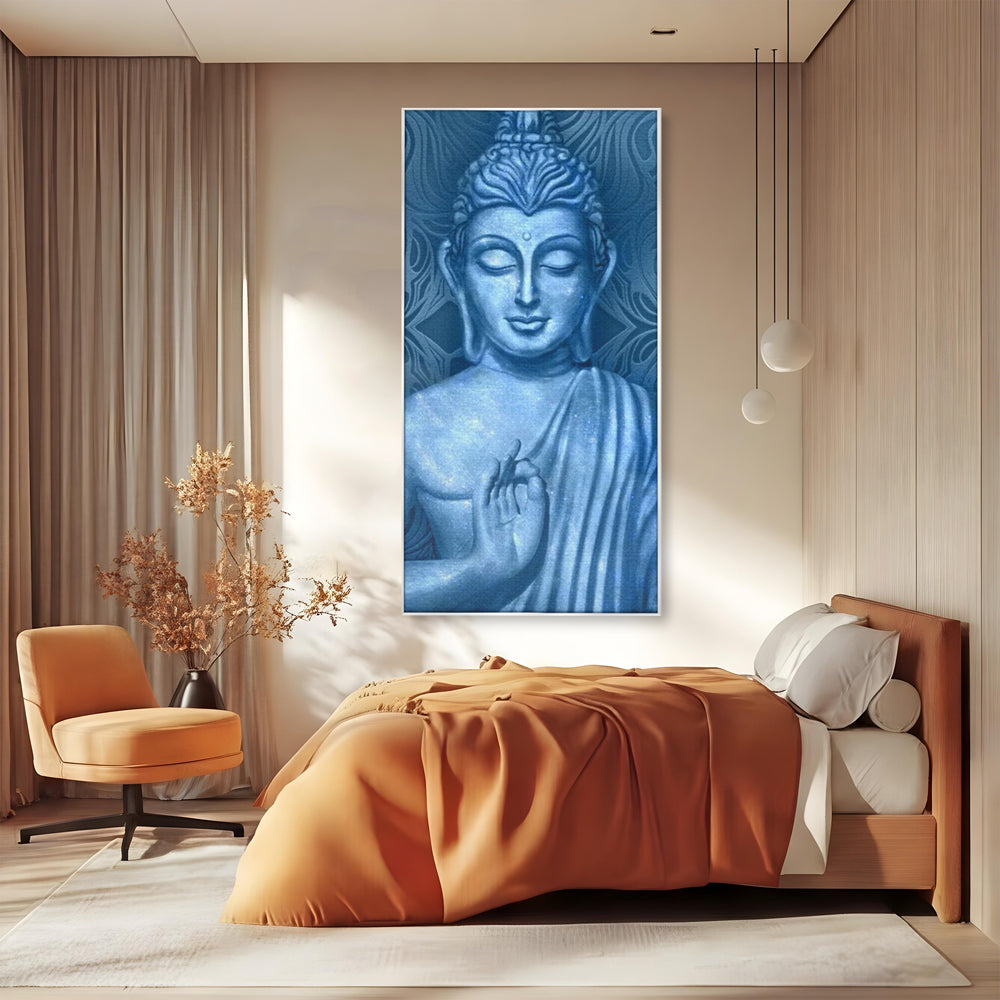 Tablou Canvas Premium LuxCanva® I112, Buddha de Safir, Meditatie, Iluminare, Zen, Pace Interioara, Spiritualitate, Armonie, Relaxare, Albastru, Urna