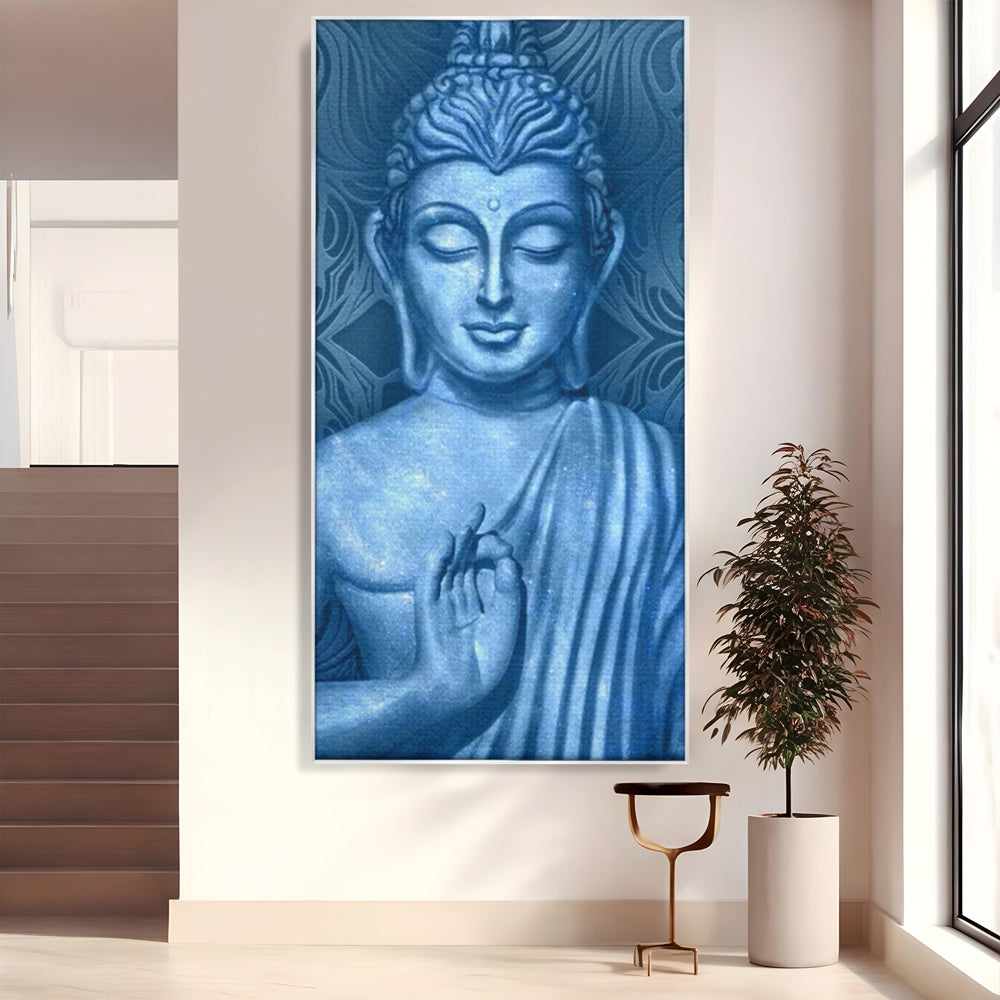 Tablou Canvas Premium LuxCanva® I112, Buddha de Safir, Meditatie, Iluminare, Zen, Pace Interioara, Spiritualitate, Armonie, Relaxare, Albastru, Urna