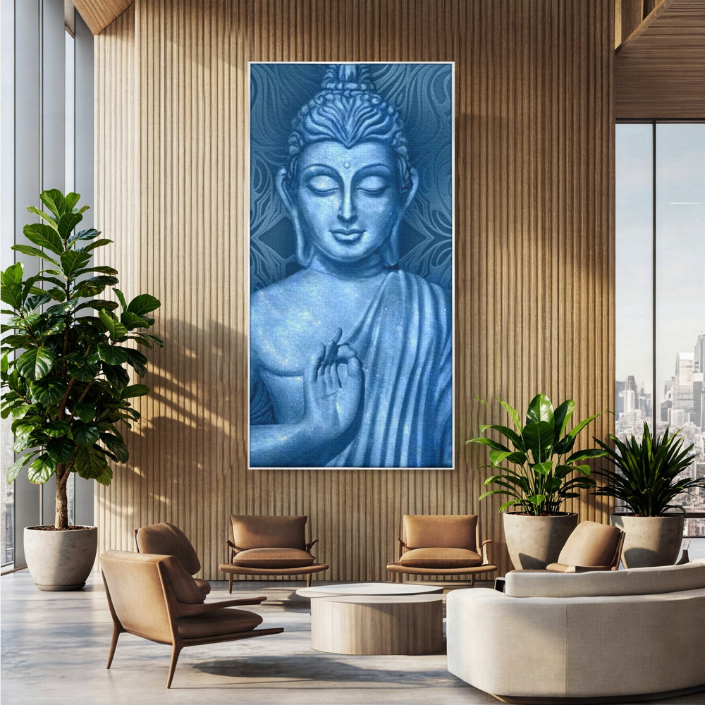 Tablou Canvas Premium LuxCanva® I112, Buddha de Safir, Meditatie, Iluminare, Zen, Pace Interioara, Spiritualitate, Armonie, Relaxare, Albastru, Urna