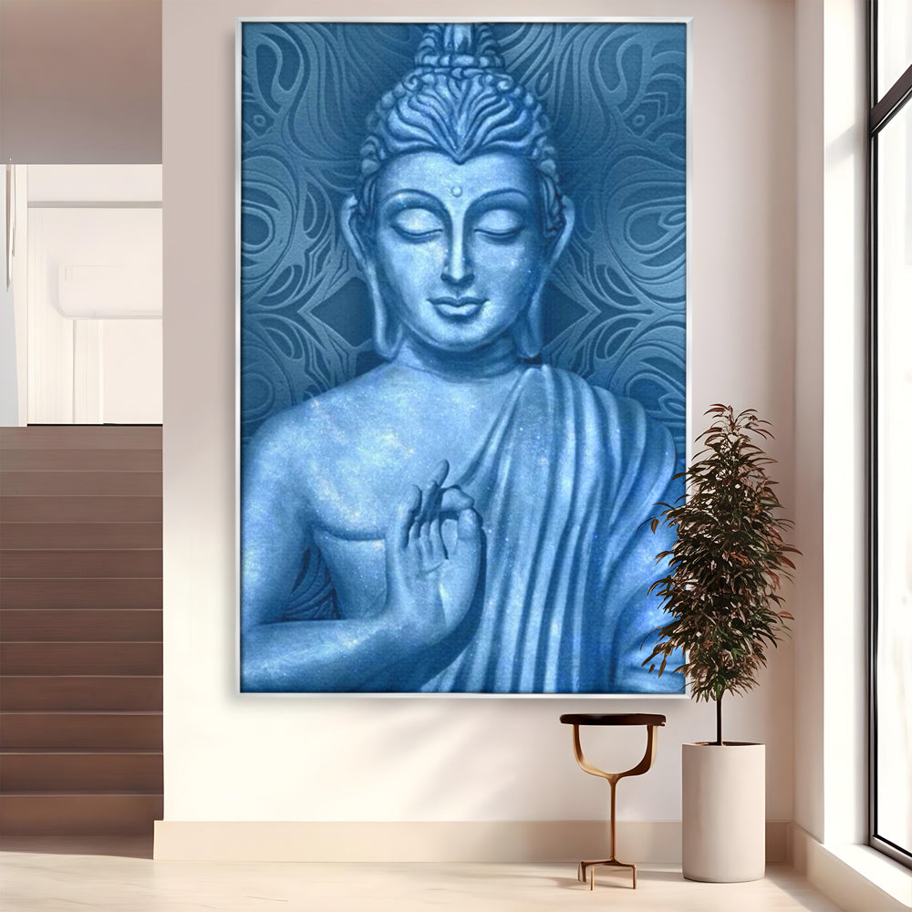 Tablou Canvas Premium LuxCanva® I112, Buddha de Safir, Meditatie, Iluminare, Zen, Pace Interioara, Spiritualitate, Armonie, Relaxare, Albastru, Urna
