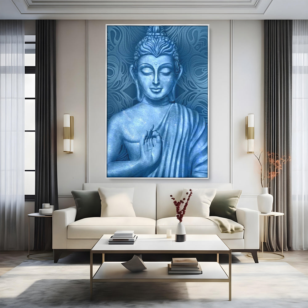 Tablou Canvas Premium LuxCanva® I112, Buddha de Safir, Meditatie, Iluminare, Zen, Pace Interioara, Spiritualitate, Armonie, Relaxare, Albastru, Urna
