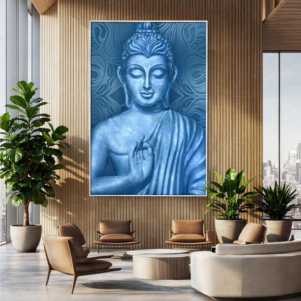 Tablou Canvas Premium LuxCanva® I112, Buddha de Safir, Meditatie, Iluminare, Zen, Pace Interioara, Spiritualitate, Armonie, Relaxare, Albastru, Urna