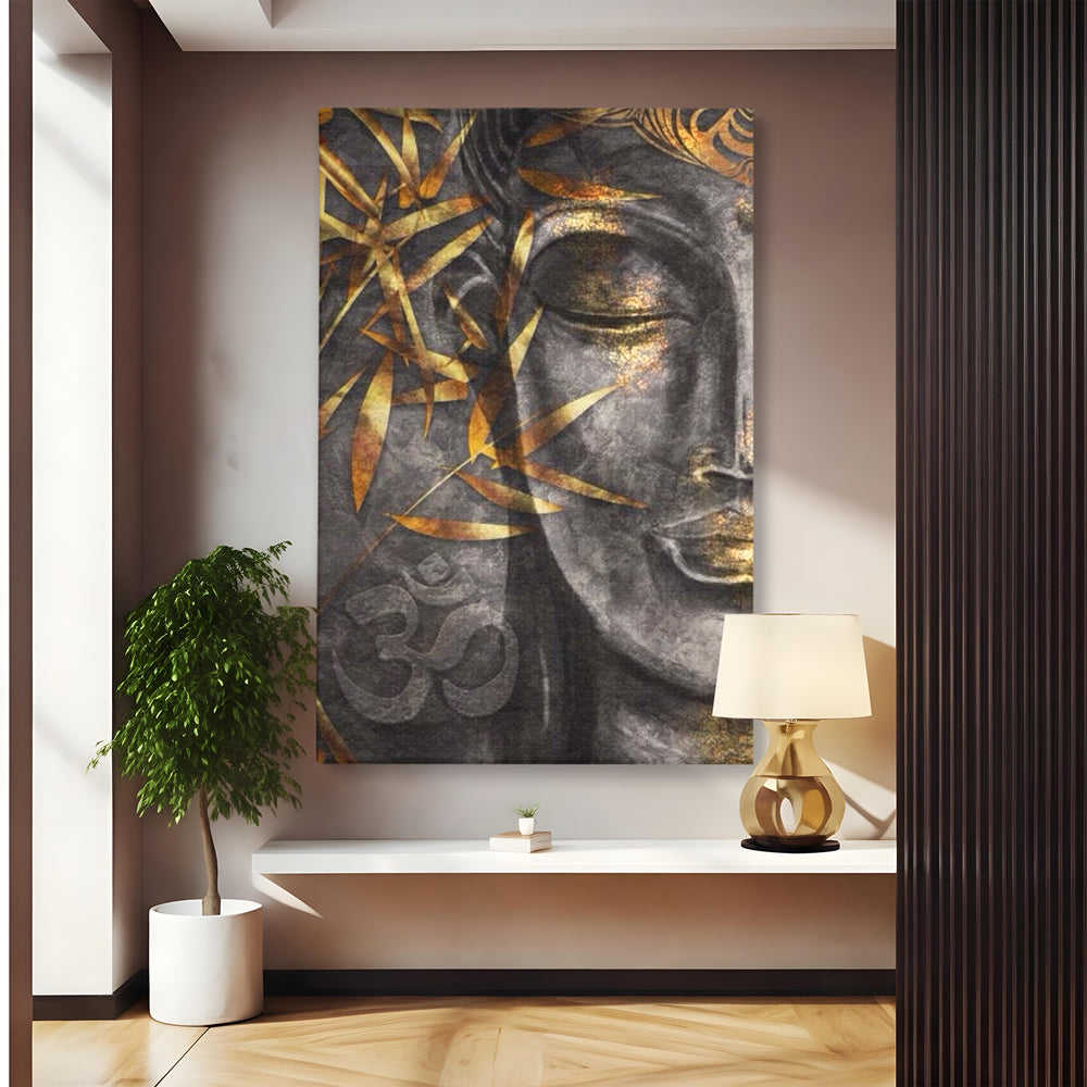 Tablou Canvas Premium LuxCanva® I115, Puterea Meditatiei, Zen, Iluminare, Pace Interioara, Spiritualitate, Liniste, Armonie, Vibratia OM, Frunze, Bambus