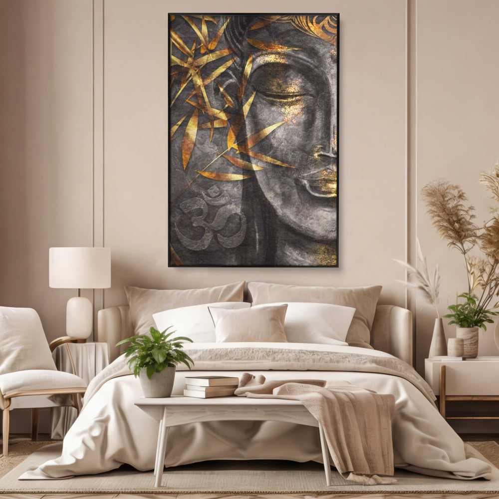 Tablou Canvas Premium LuxCanva® I115, Puterea Meditatiei, Zen, Iluminare, Pace Interioara, Spiritualitate, Liniste, Armonie, Vibratia OM, Frunze, Bambus