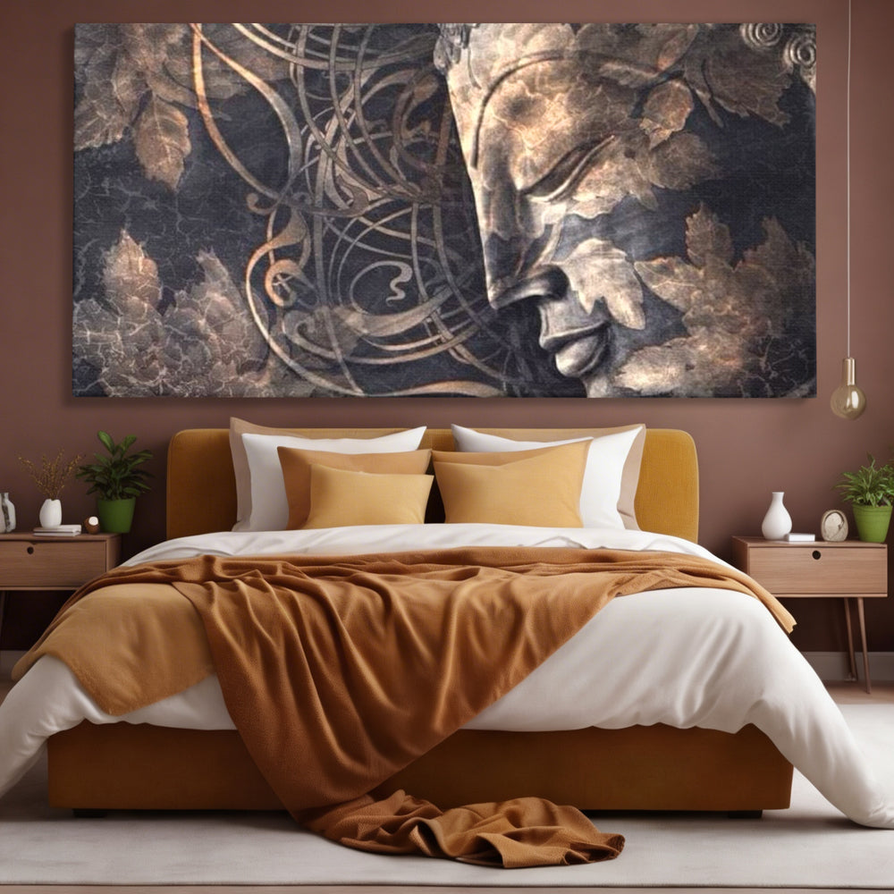 Tablou Canvas Premium LuxCanva® I117, Ganduri din Piatra, Buddha, Echilibru, Meditatie, Zen, Frunze, Ritual, Sacralitate, Fum, Esenta, Armonie, Timp