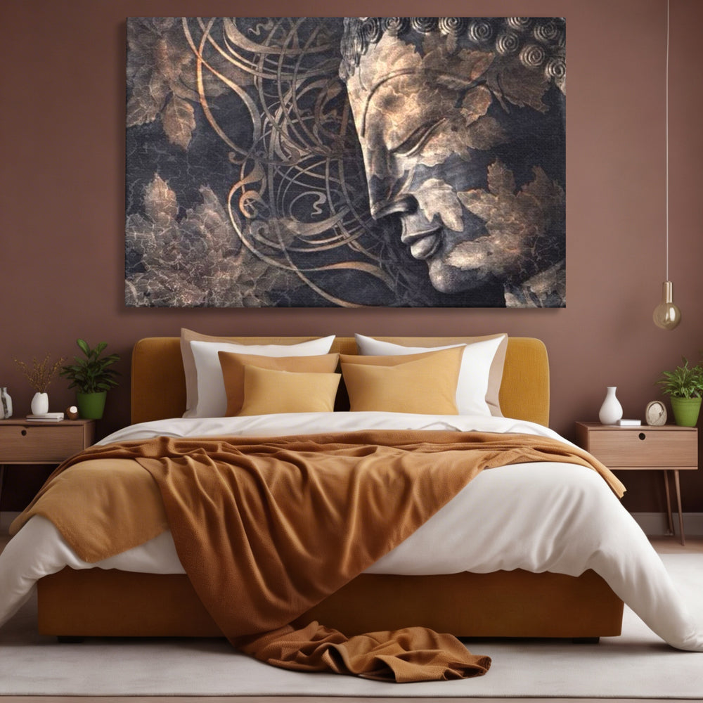 Tablou Canvas Premium LuxCanva® I117, Ganduri din Piatra, Buddha, Echilibru, Meditatie, Zen, Frunze, Ritual, Sacralitate, Fum, Esenta, Armonie, Timp