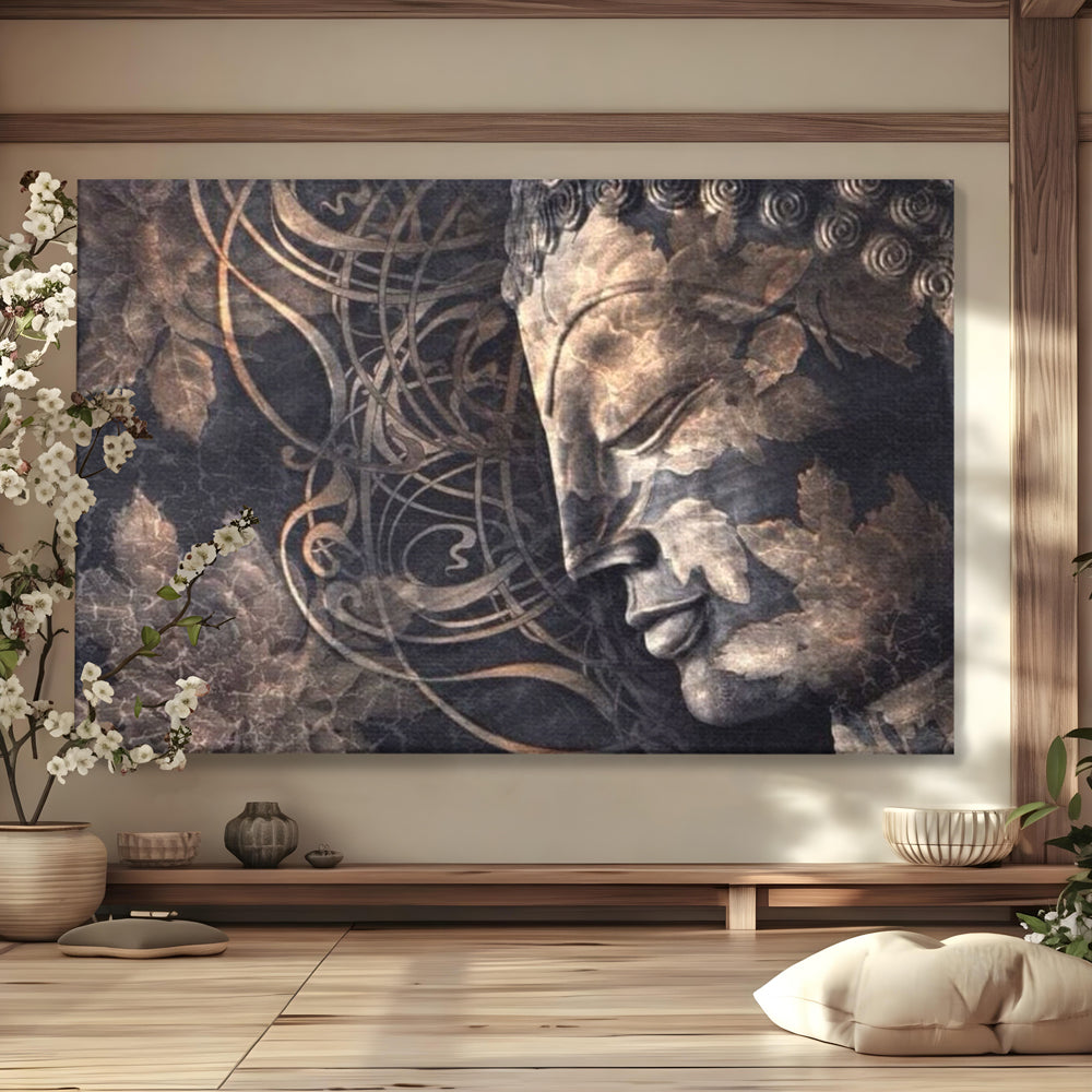 Tablou Canvas Premium LuxCanva® I117, Ganduri din Piatra, Buddha, Echilibru, Meditatie, Zen, Frunze, Ritual, Sacralitate, Fum, Esenta, Armonie, Timp