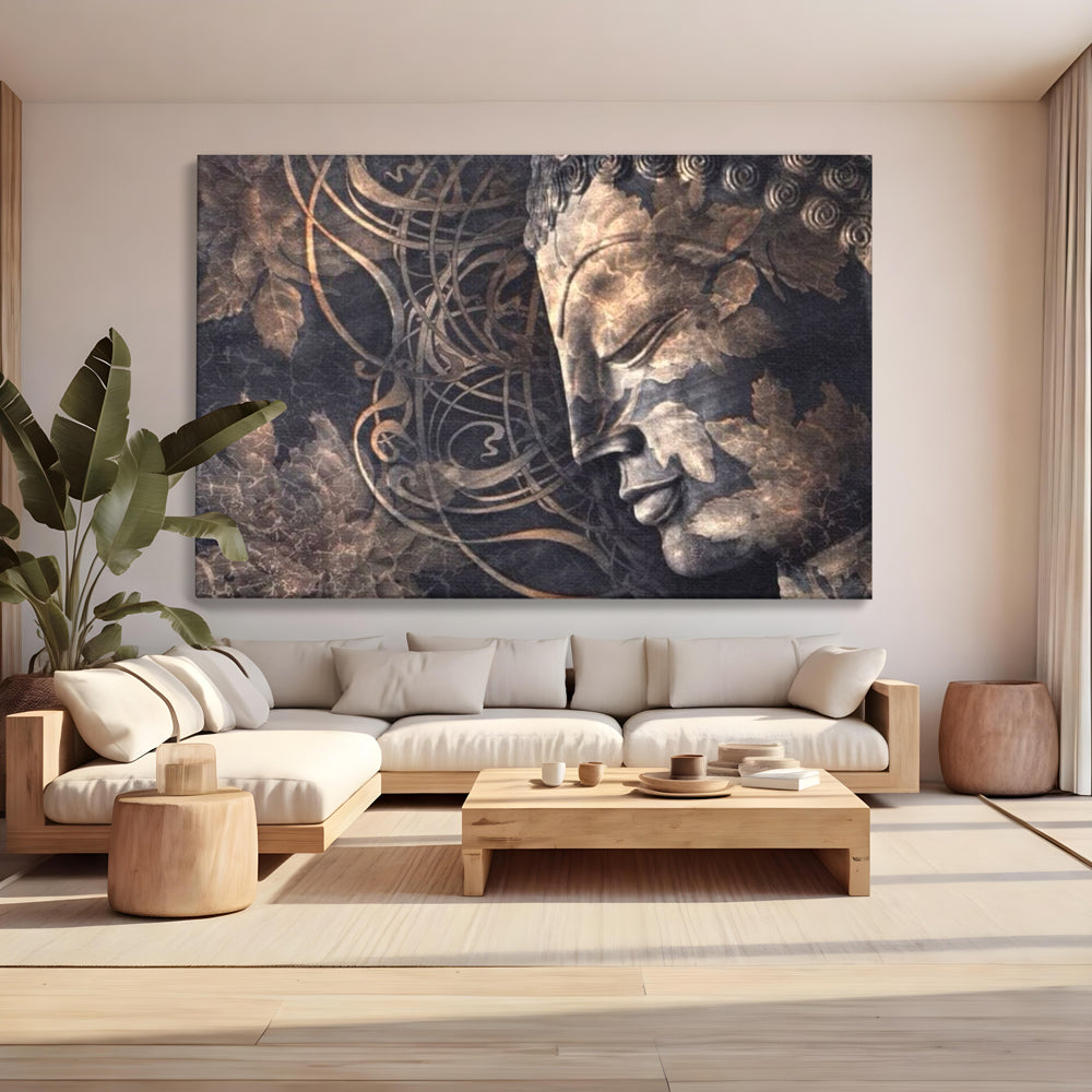 Tablou Canvas Premium LuxCanva® I117, Ganduri din Piatra, Buddha, Echilibru, Meditatie, Zen, Frunze, Ritual, Sacralitate, Fum, Esenta, Armonie, Timp