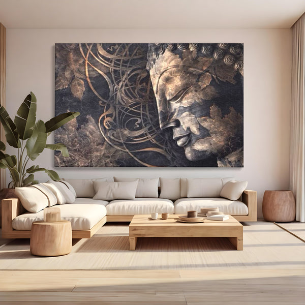 Tablou Canvas Premium LuxCanva® I117, Ganduri din Piatra, Buddha, Echilibru, Meditatie, Zen, Frunze, Ritual, Sacralitate, Fum, Esenta, Armonie, Timp