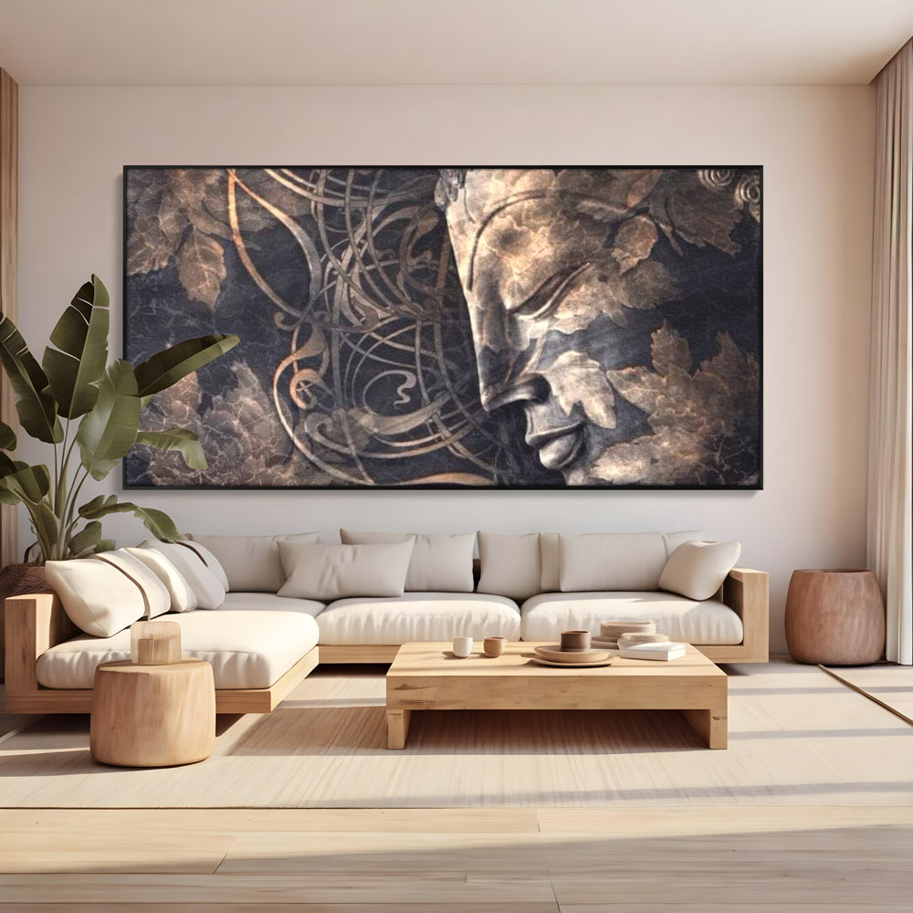 Tablou Canvas Premium LuxCanva® I117, Ganduri din Piatra, Buddha, Echilibru, Meditatie, Zen, Frunze, Ritual, Sacralitate, Fum, Esenta, Armonie, Timp