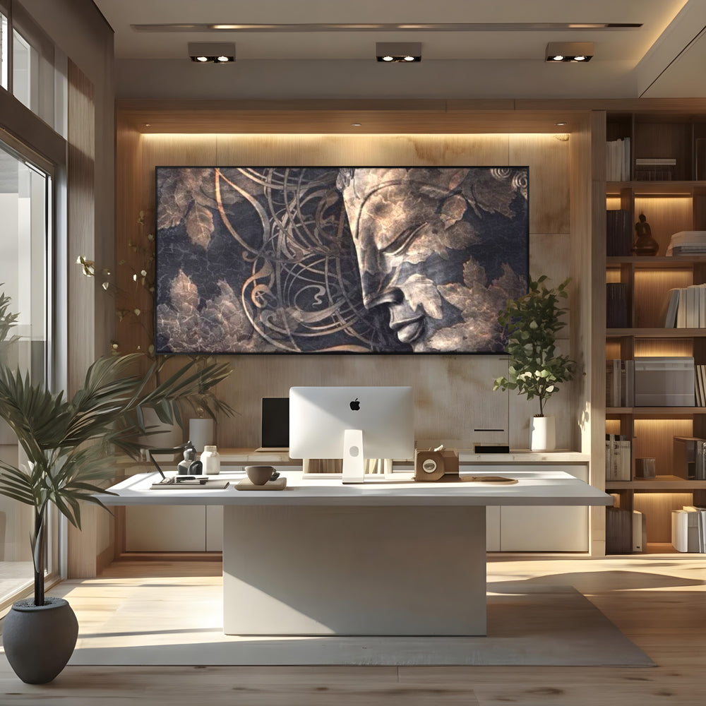 Tablou Canvas Premium LuxCanva® I117, Ganduri din Piatra, Buddha, Echilibru, Meditatie, Zen, Frunze, Ritual, Sacralitate, Fum, Esenta, Armonie, Timp