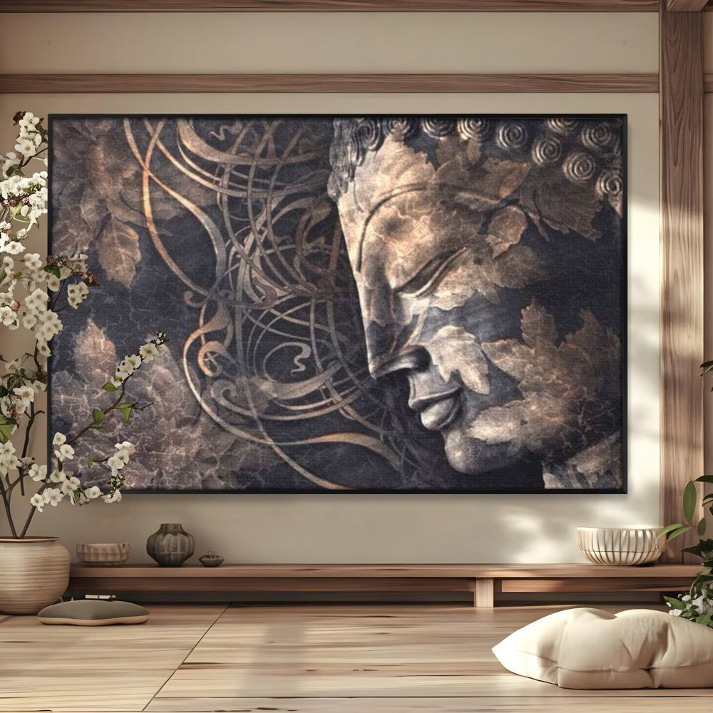 Tablou Canvas Premium LuxCanva® I117, Ganduri din Piatra, Buddha, Echilibru, Meditatie, Zen, Frunze, Ritual, Sacralitate, Fum, Esenta, Armonie, Timp