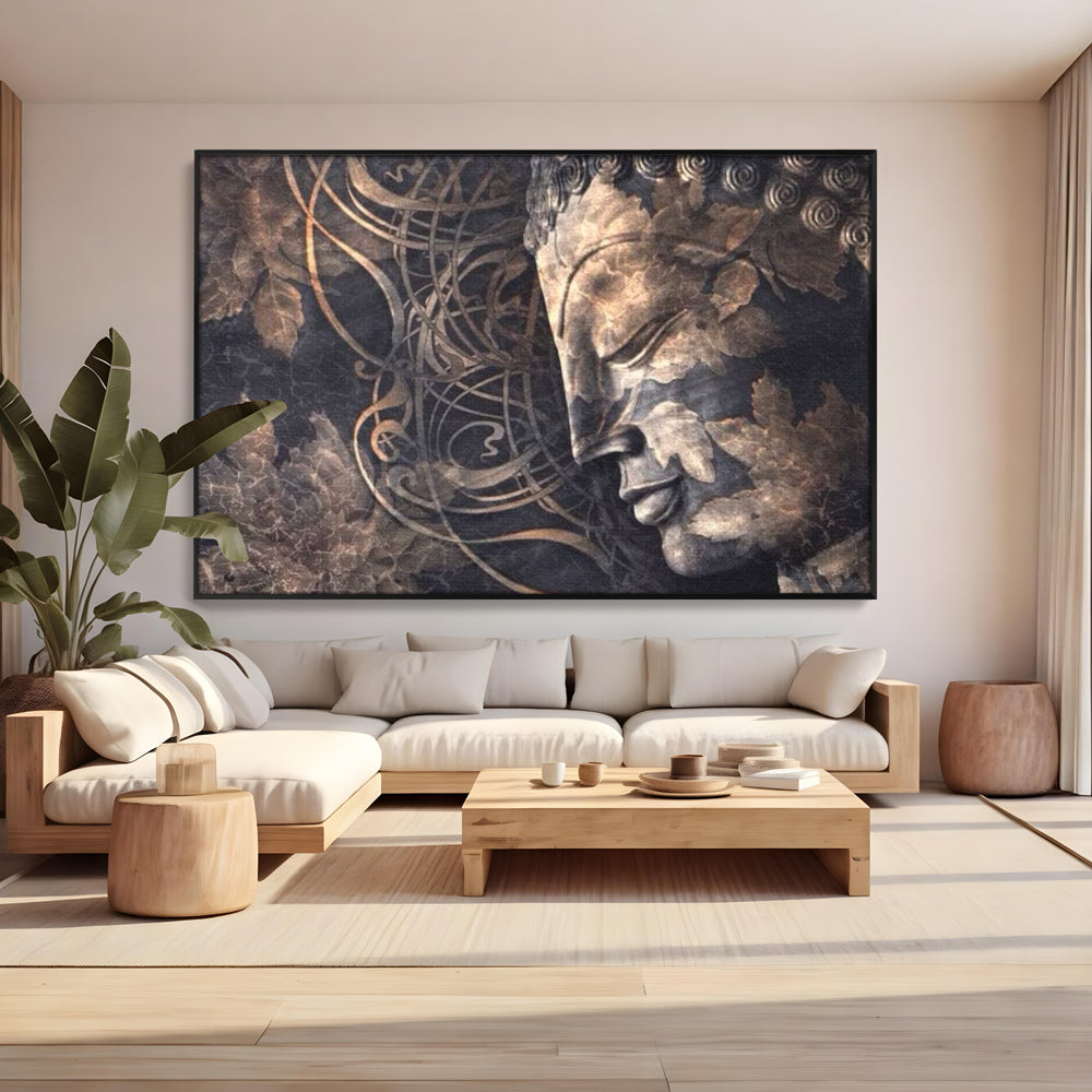 Tablou Canvas Premium LuxCanva® I117, Ganduri din Piatra, Buddha, Echilibru, Meditatie, Zen, Frunze, Ritual, Sacralitate, Fum, Esenta, Armonie, Timp