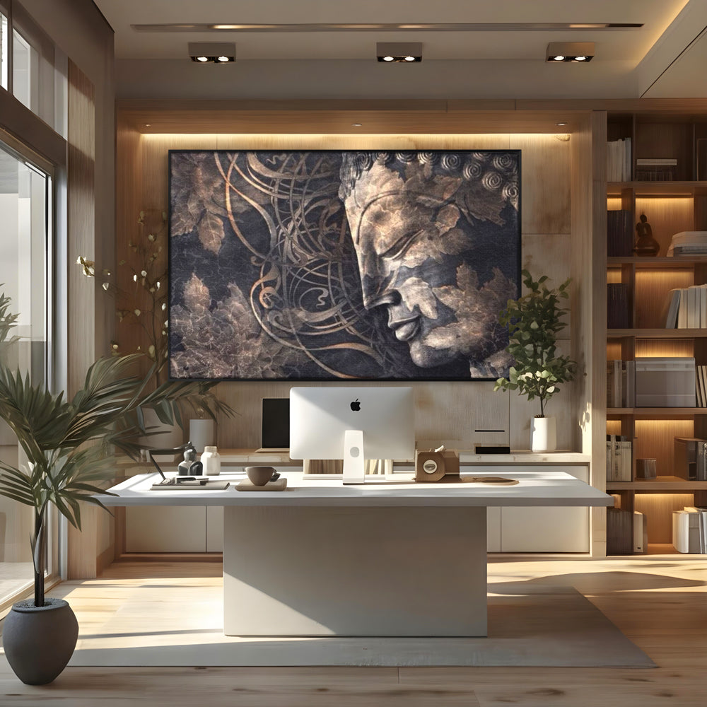 Tablou Canvas Premium LuxCanva® I117, Ganduri din Piatra, Buddha, Echilibru, Meditatie, Zen, Frunze, Ritual, Sacralitate, Fum, Esenta, Armonie, Timp