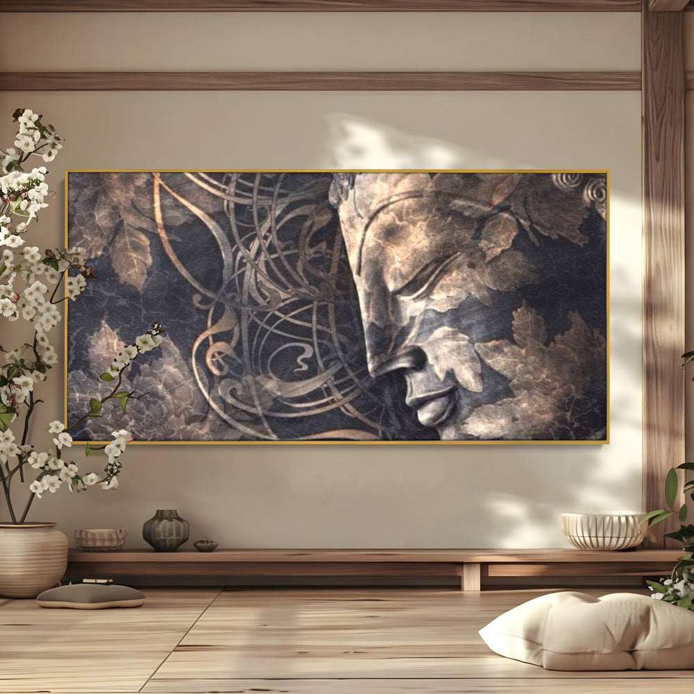 Tablou Canvas Premium LuxCanva® I117, Ganduri din Piatra, Buddha, Echilibru, Meditatie, Zen, Frunze, Ritual, Sacralitate, Fum, Esenta, Armonie, Timp