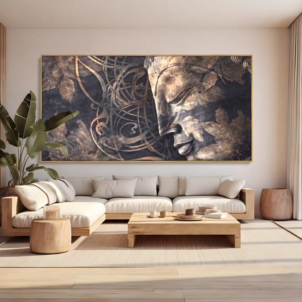 Tablou Canvas Premium LuxCanva® I117, Ganduri din Piatra, Buddha, Echilibru, Meditatie, Zen, Frunze, Ritual, Sacralitate, Fum, Esenta, Armonie, Timp