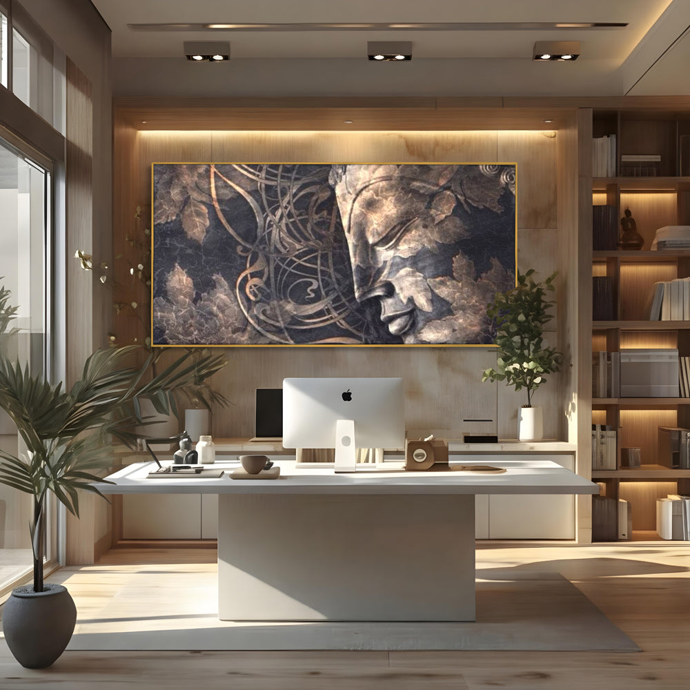 Tablou Canvas Premium LuxCanva® I117, Ganduri din Piatra, Buddha, Echilibru, Meditatie, Zen, Frunze, Ritual, Sacralitate, Fum, Esenta, Armonie, Timp