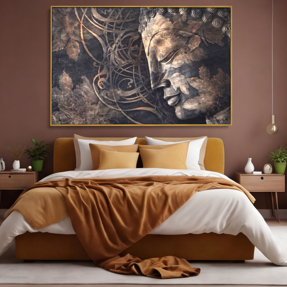 Tablou Canvas Premium LuxCanva® I117, Ganduri din Piatra, Buddha, Echilibru, Meditatie, Zen, Frunze, Ritual, Sacralitate, Fum, Esenta, Armonie, Timp