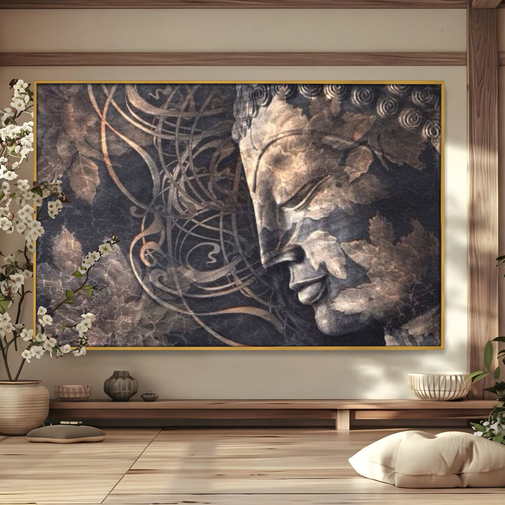 Tablou Canvas Premium LuxCanva® I117, Ganduri din Piatra, Buddha, Echilibru, Meditatie, Zen, Frunze, Ritual, Sacralitate, Fum, Esenta, Armonie, Timp