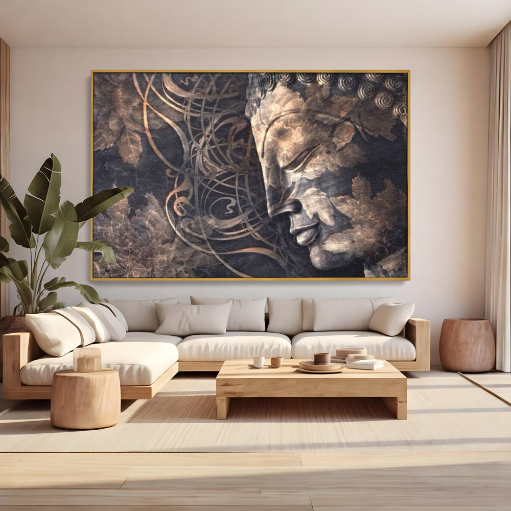 Tablou Canvas Premium LuxCanva® I117, Ganduri din Piatra, Buddha, Echilibru, Meditatie, Zen, Frunze, Ritual, Sacralitate, Fum, Esenta, Armonie, Timp