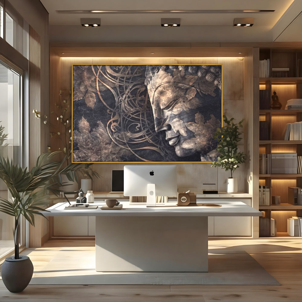 Tablou Canvas Premium LuxCanva® I117, Ganduri din Piatra, Buddha, Echilibru, Meditatie, Zen, Frunze, Ritual, Sacralitate, Fum, Esenta, Armonie, Timp
