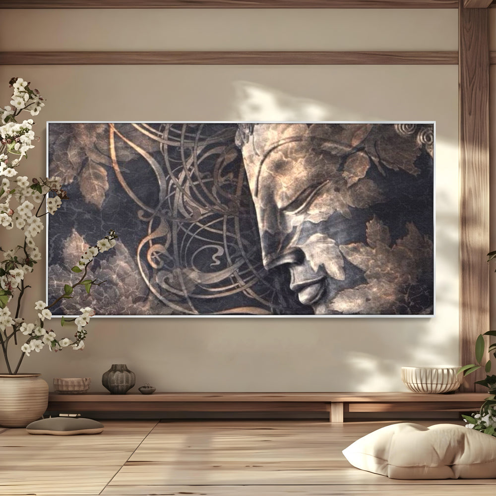 Tablou Canvas Premium LuxCanva® I117, Ganduri din Piatra, Buddha, Echilibru, Meditatie, Zen, Frunze, Ritual, Sacralitate, Fum, Esenta, Armonie, Timp