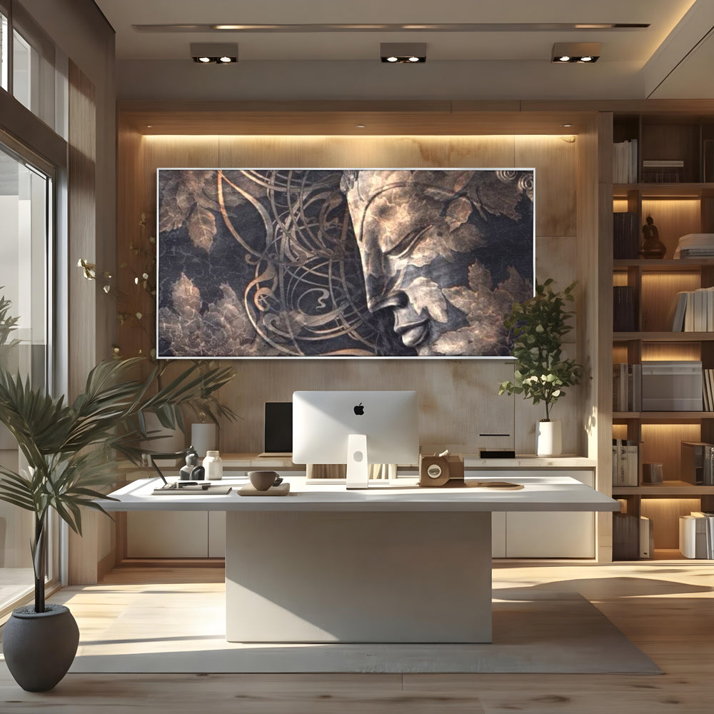 Tablou Canvas Premium LuxCanva® I117, Ganduri din Piatra, Buddha, Echilibru, Meditatie, Zen, Frunze, Ritual, Sacralitate, Fum, Esenta, Armonie, Timp
