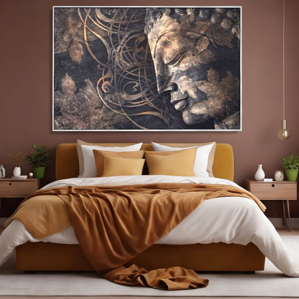 Tablou Canvas Premium LuxCanva® I117, Ganduri din Piatra, Buddha, Echilibru, Meditatie, Zen, Frunze, Ritual, Sacralitate, Fum, Esenta, Armonie, Timp