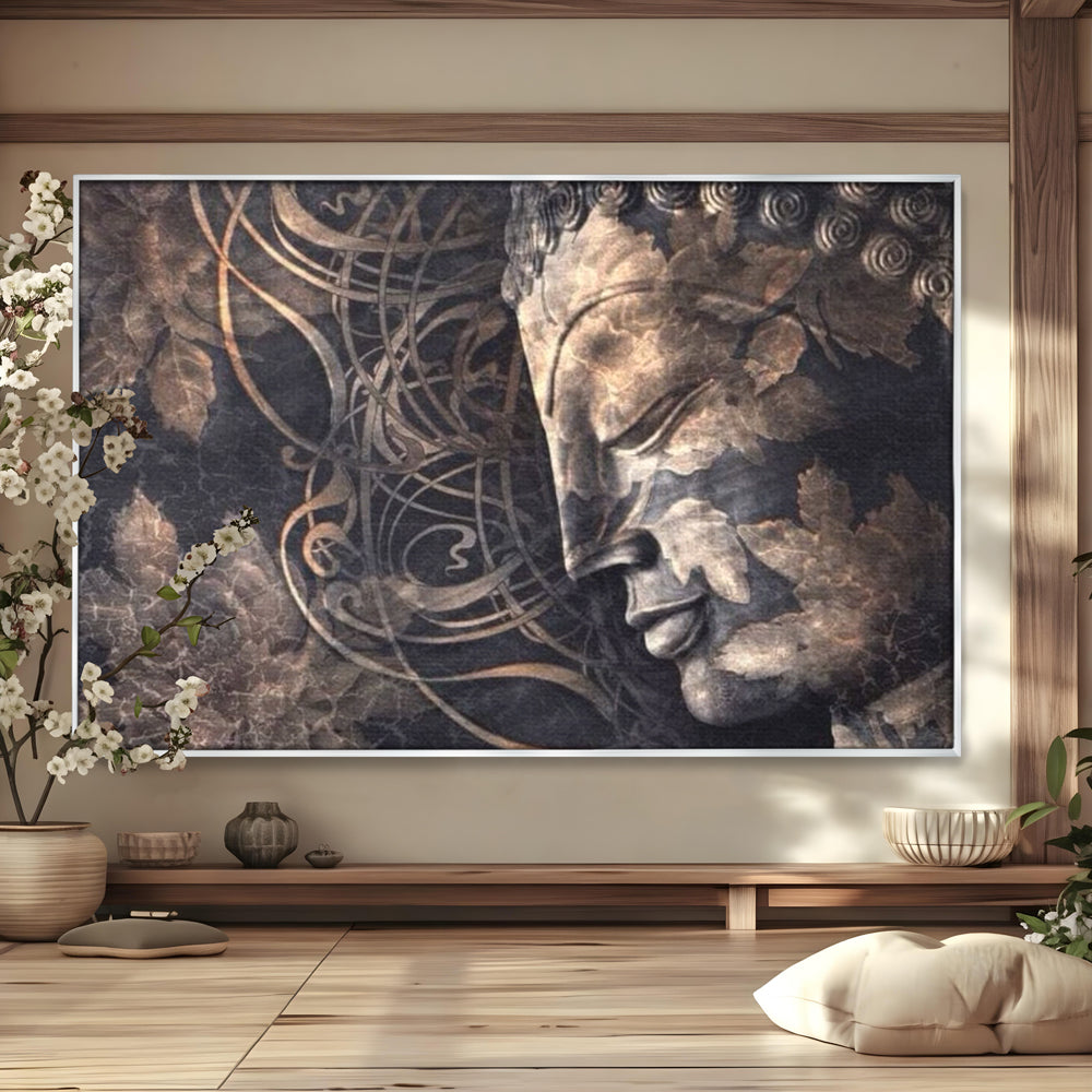 Tablou Canvas Premium LuxCanva® I117, Ganduri din Piatra, Buddha, Echilibru, Meditatie, Zen, Frunze, Ritual, Sacralitate, Fum, Esenta, Armonie, Timp