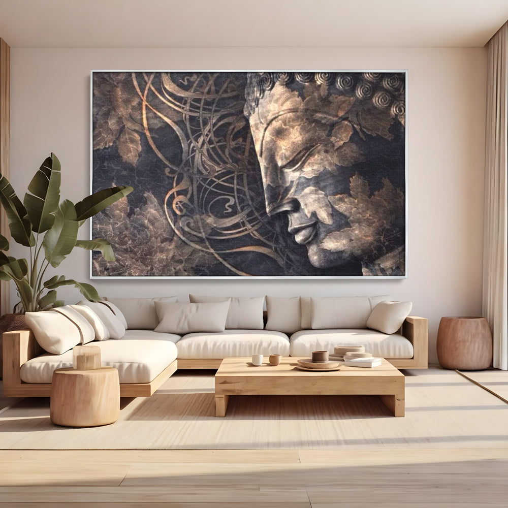 Tablou Canvas Premium LuxCanva® I117, Ganduri din Piatra, Buddha, Echilibru, Meditatie, Zen, Frunze, Ritual, Sacralitate, Fum, Esenta, Armonie, Timp