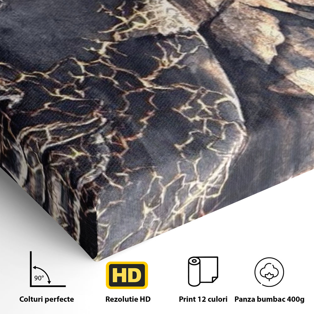 Tablou Canvas Premium LuxCanva® I118, Sub Pielea Timpului, Buddha, Vibratia OM, Constiinta, Spiritualitate, Crapaturi, Frunze, Foc Sacru, Contemplare