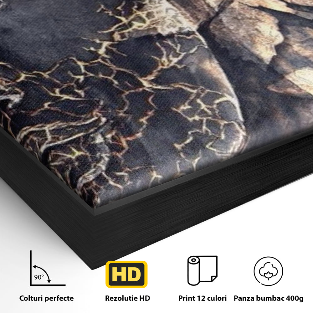 Tablou Canvas Premium LuxCanva® I118, Sub Pielea Timpului, Buddha, Vibratia OM, Constiinta, Spiritualitate, Crapaturi, Frunze, Foc Sacru, Contemplare