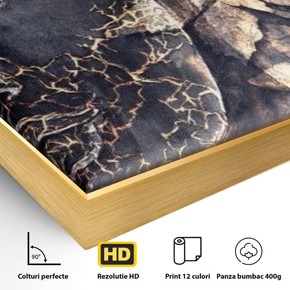 Tablou Canvas Premium LuxCanva® I118, Sub Pielea Timpului, Buddha, Vibratia OM, Constiinta, Spiritualitate, Crapaturi, Frunze, Foc Sacru, Contemplare