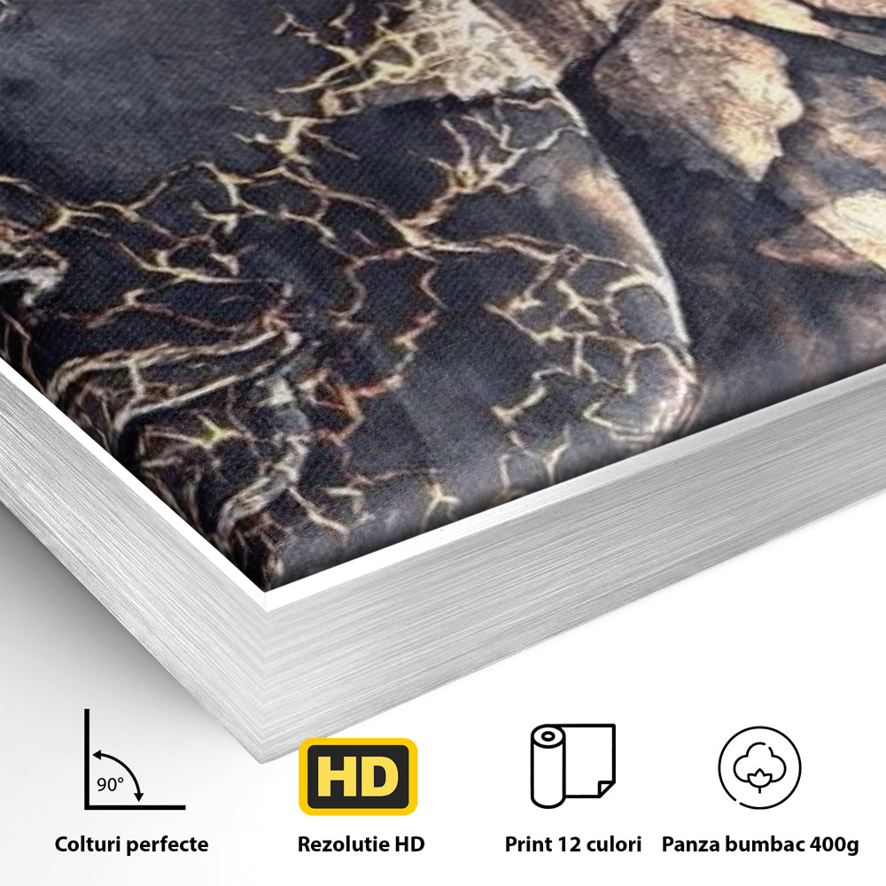 Tablou Canvas Premium LuxCanva® I118, Sub Pielea Timpului, Buddha, Vibratia OM, Constiinta, Spiritualitate, Crapaturi, Frunze, Foc Sacru, Contemplare