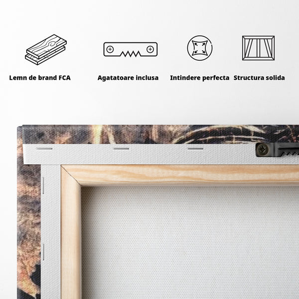 Tablou Canvas Premium LuxCanva® I118, Sub Pielea Timpului, Buddha, Vibratia OM, Constiinta, Spiritualitate, Crapaturi, Frunze, Foc Sacru, Contemplare
