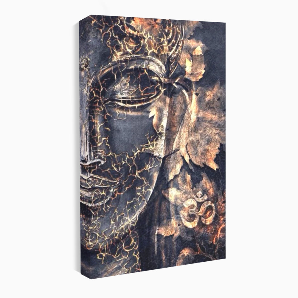 Tablou Canvas Premium LuxCanva® I118, Sub Pielea Timpului, Buddha, Vibratia OM, Constiinta, Spiritualitate, Crapaturi, Frunze, Foc Sacru, Contemplare