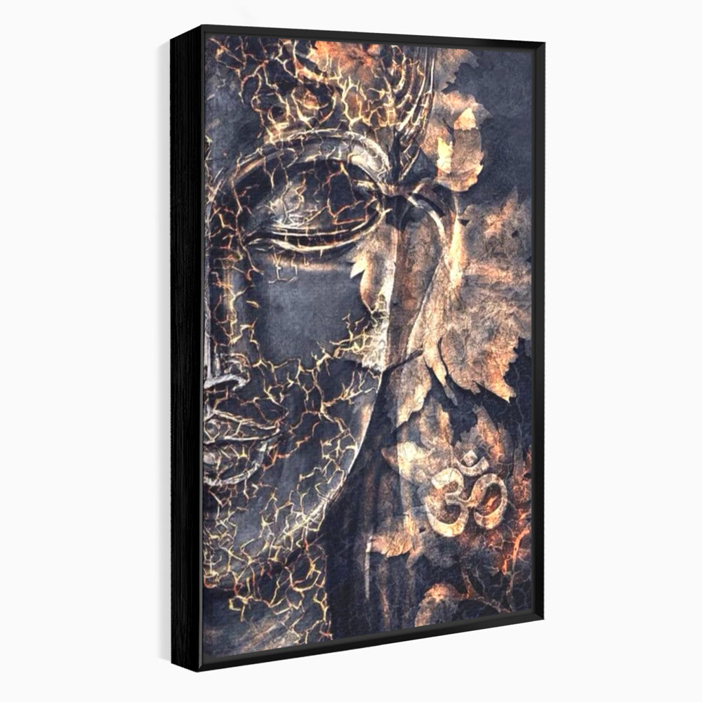 Tablou Canvas Premium LuxCanva® I118, Sub Pielea Timpului, Buddha, Vibratia OM, Constiinta, Spiritualitate, Crapaturi, Frunze, Foc Sacru, Contemplare