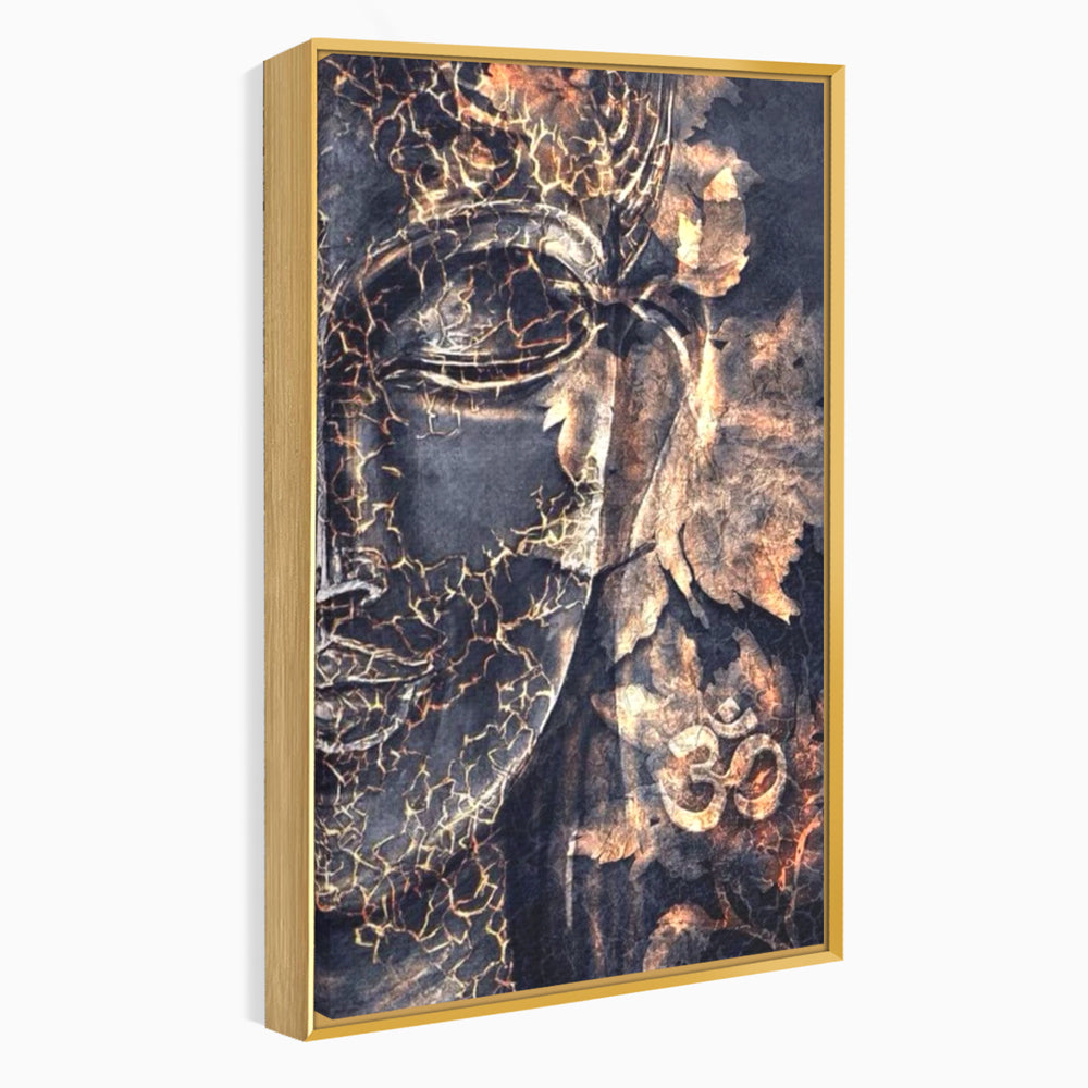 Tablou Canvas Premium LuxCanva® I118, Sub Pielea Timpului, Buddha, Vibratia OM, Constiinta, Spiritualitate, Crapaturi, Frunze, Foc Sacru, Contemplare