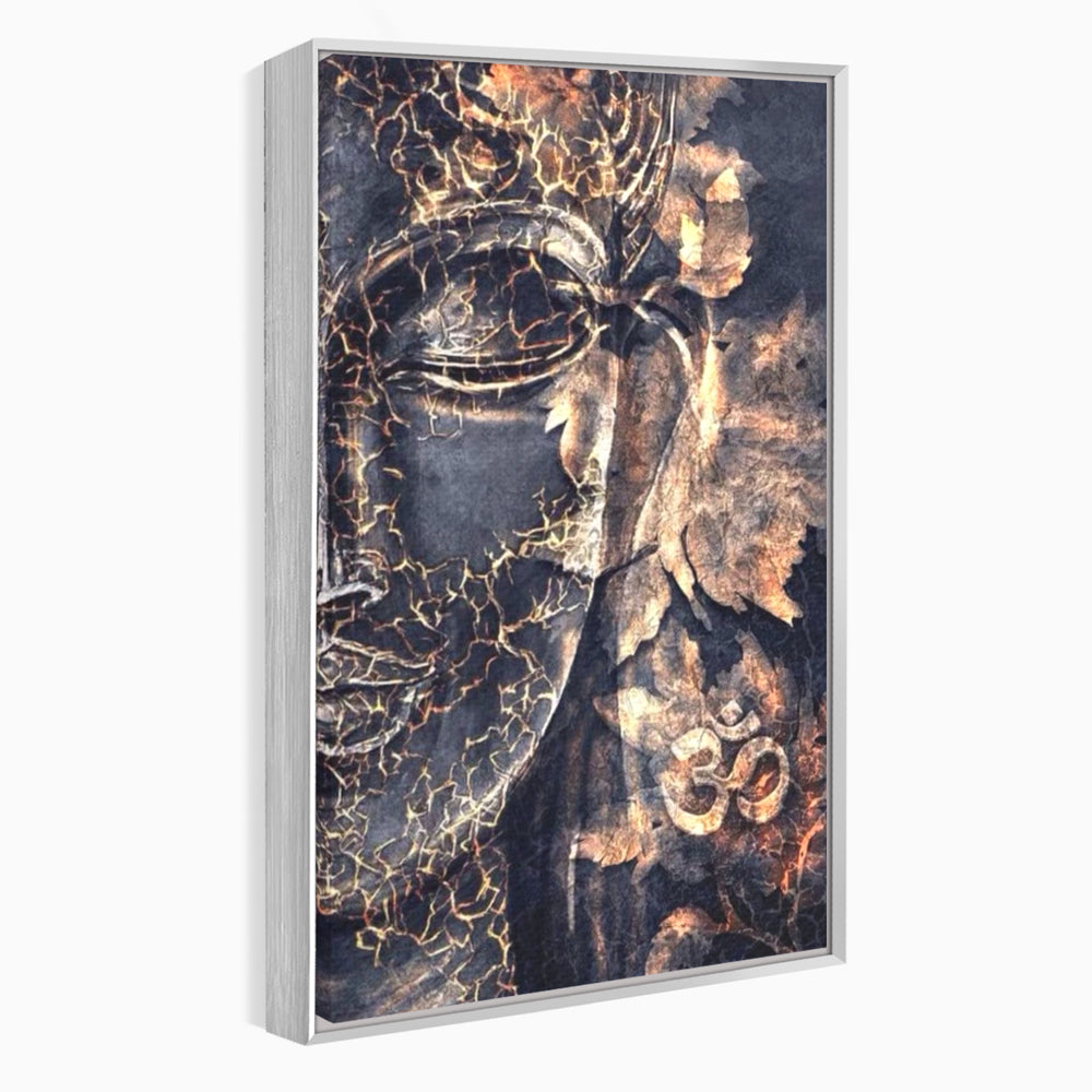 Tablou Canvas Premium LuxCanva® I118, Sub Pielea Timpului, Buddha, Vibratia OM, Constiinta, Spiritualitate, Crapaturi, Frunze, Foc Sacru, Contemplare
