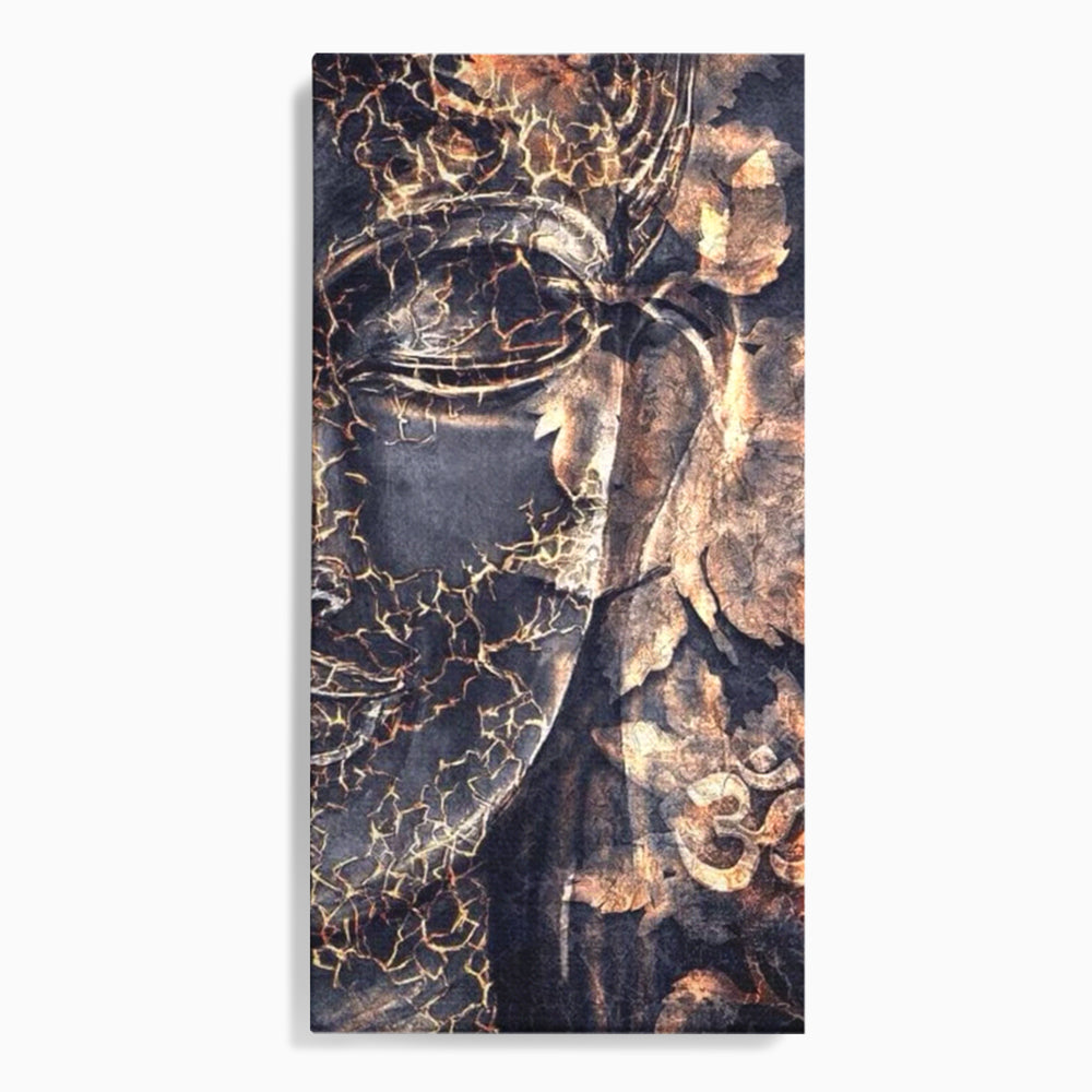 Tablou Canvas Premium LuxCanva® I118, Sub Pielea Timpului, Buddha, Vibratia OM, Constiinta, Spiritualitate, Crapaturi, Frunze, Foc Sacru, Contemplare